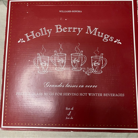 William Sonoma Holly Berry Glass Holiday Christmas Cozy Mugs Set Of 4 16 Oz NIB - Picture 5 of 8